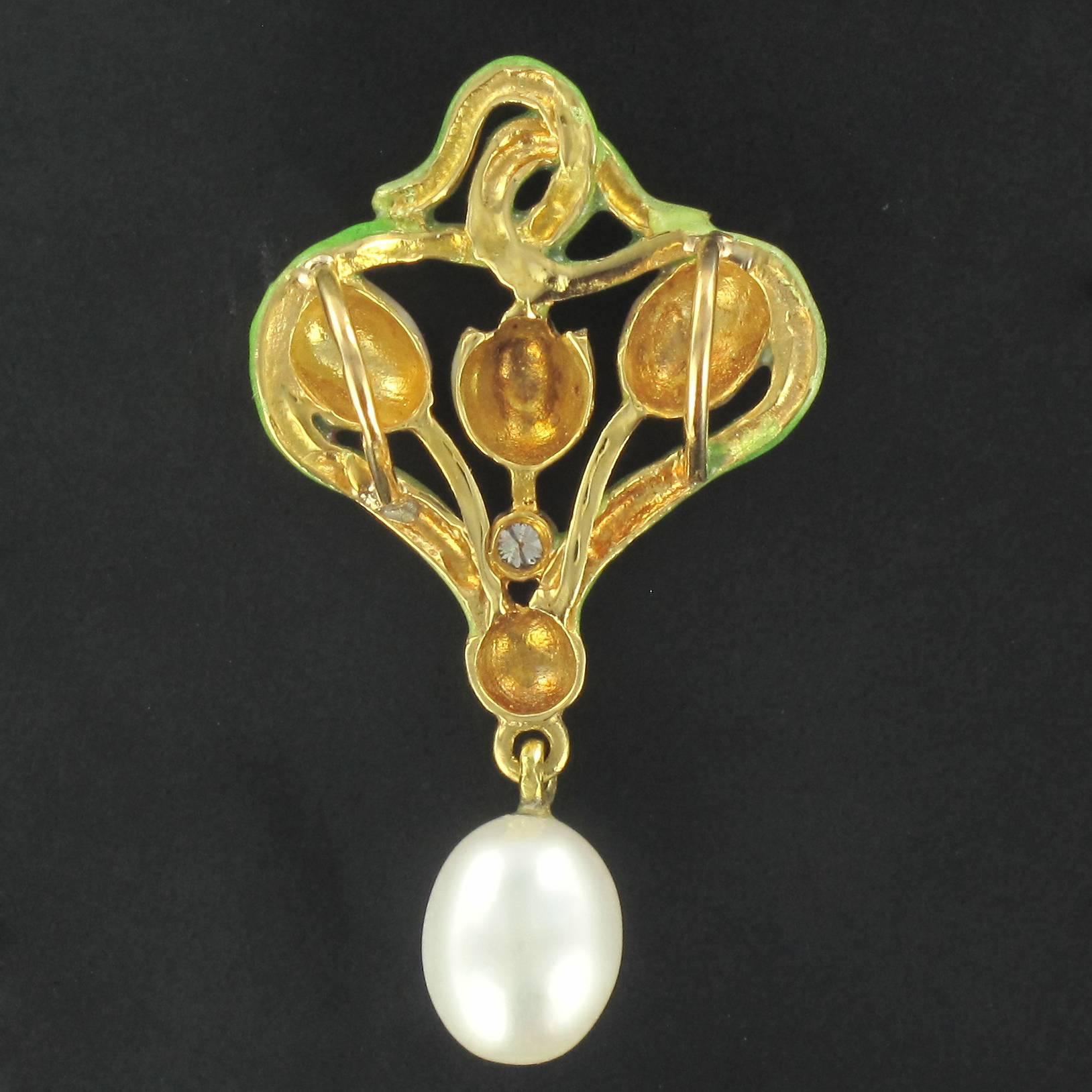 French Art Nouveau Enamel Pearl Diamond Gold Pendant  1