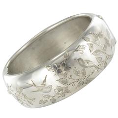 1920s Antique Engraved Silver Bangle Bracelet 