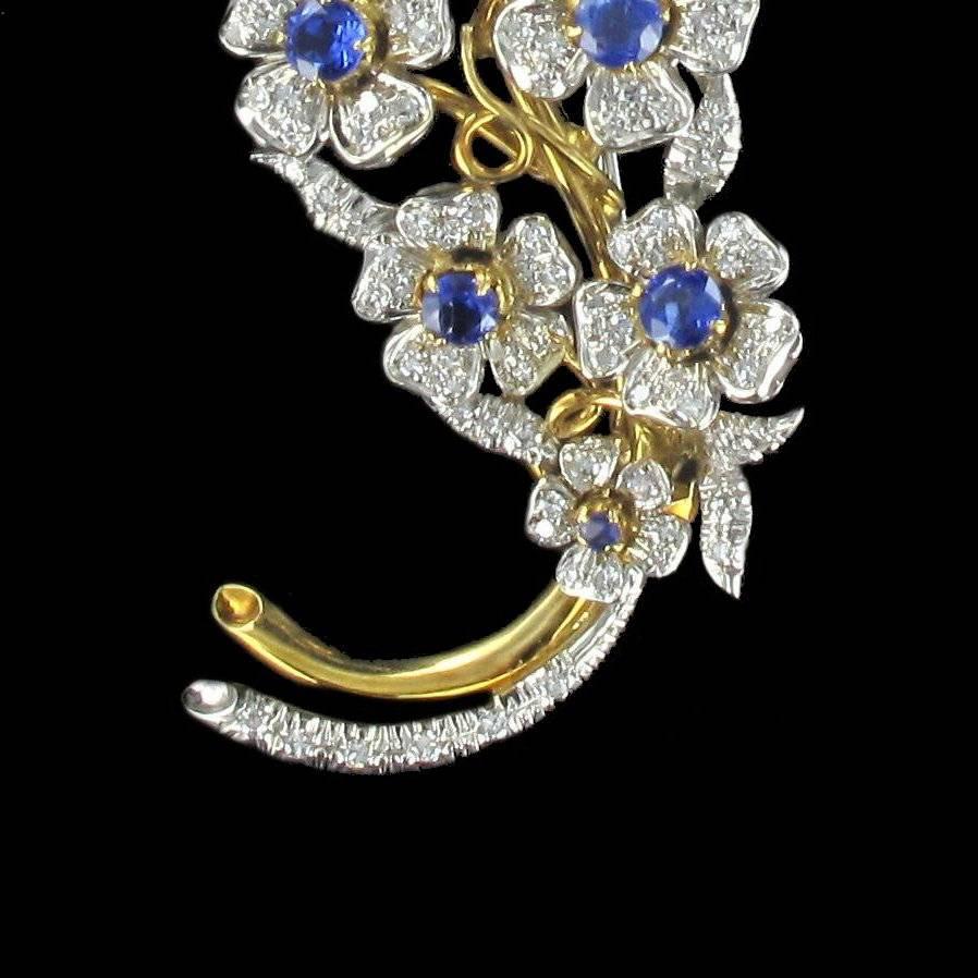 French 1960s Sapphire Diamond Gold Flower Branch Brooch In Excellent Condition In Poitiers, FR