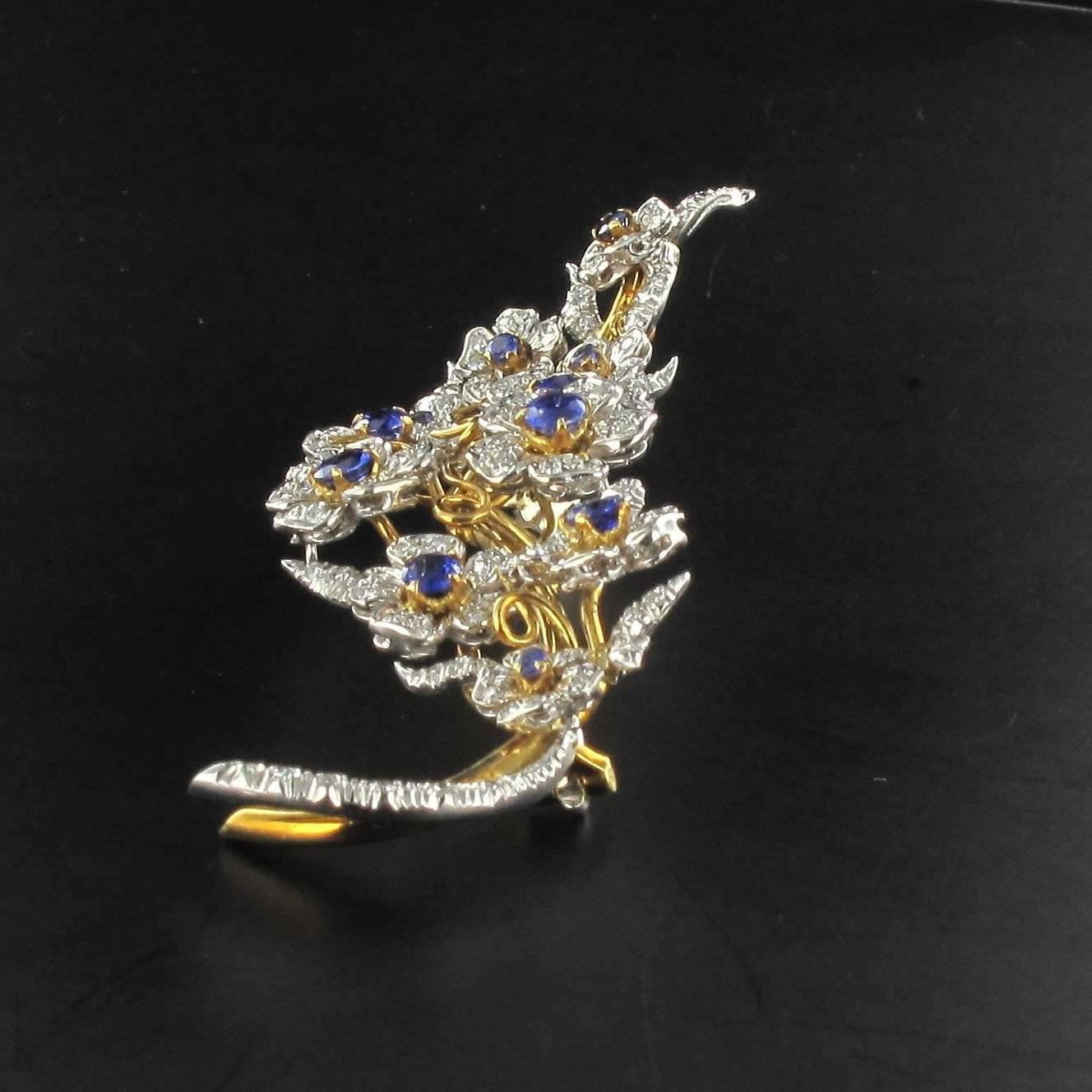 French 1960s Sapphire Diamond Gold Flower Branch Brooch 2