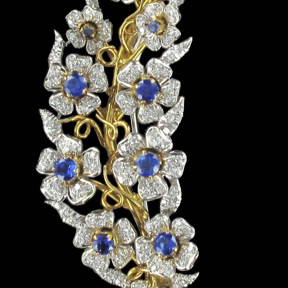 Retro French 1960s Sapphire Diamond Gold Flower Branch Brooch