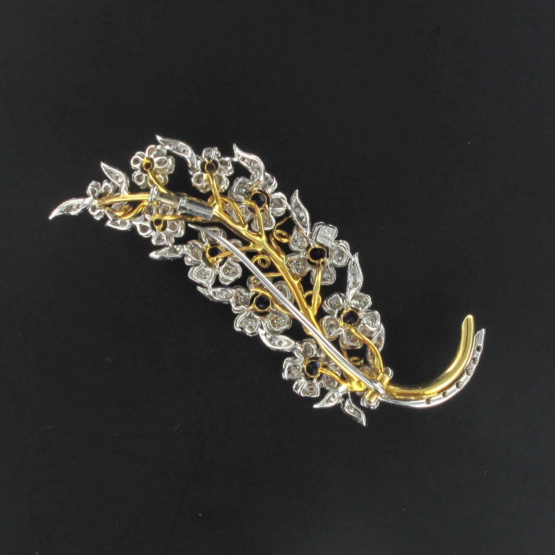Women's French 1960s Sapphire Diamond Gold Flower Branch Brooch