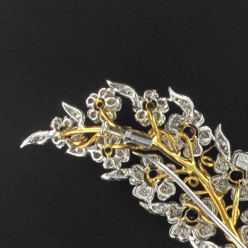 French 1960s Sapphire Diamond Gold Flower Branch Brooch 1