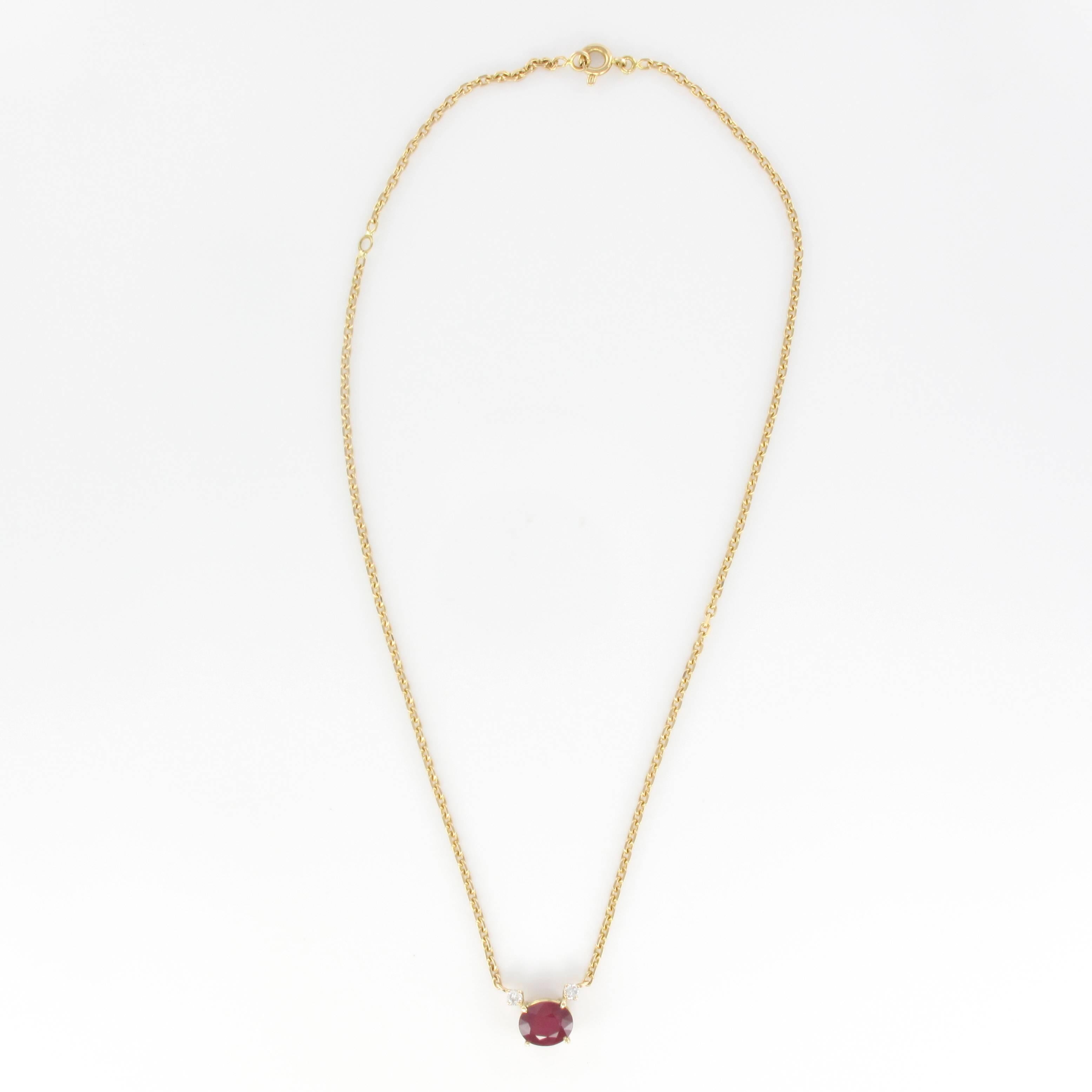 New French Ruby Diamond Gold Necklace In New Condition In Poitiers, FR
