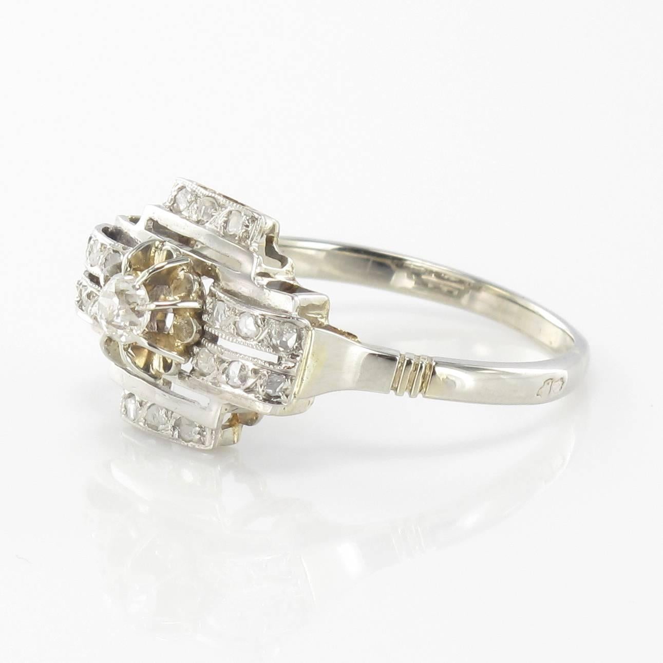 Art Deco Diamond Gold Platinum Ring In Excellent Condition In Poitiers, FR