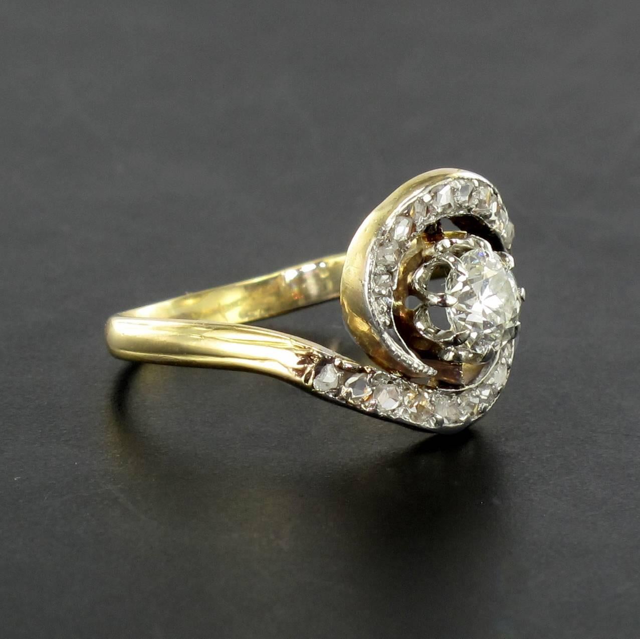 1920s French Antique Diamond Gold Platinum Whirl Ring  In Excellent Condition In Poitiers, FR
