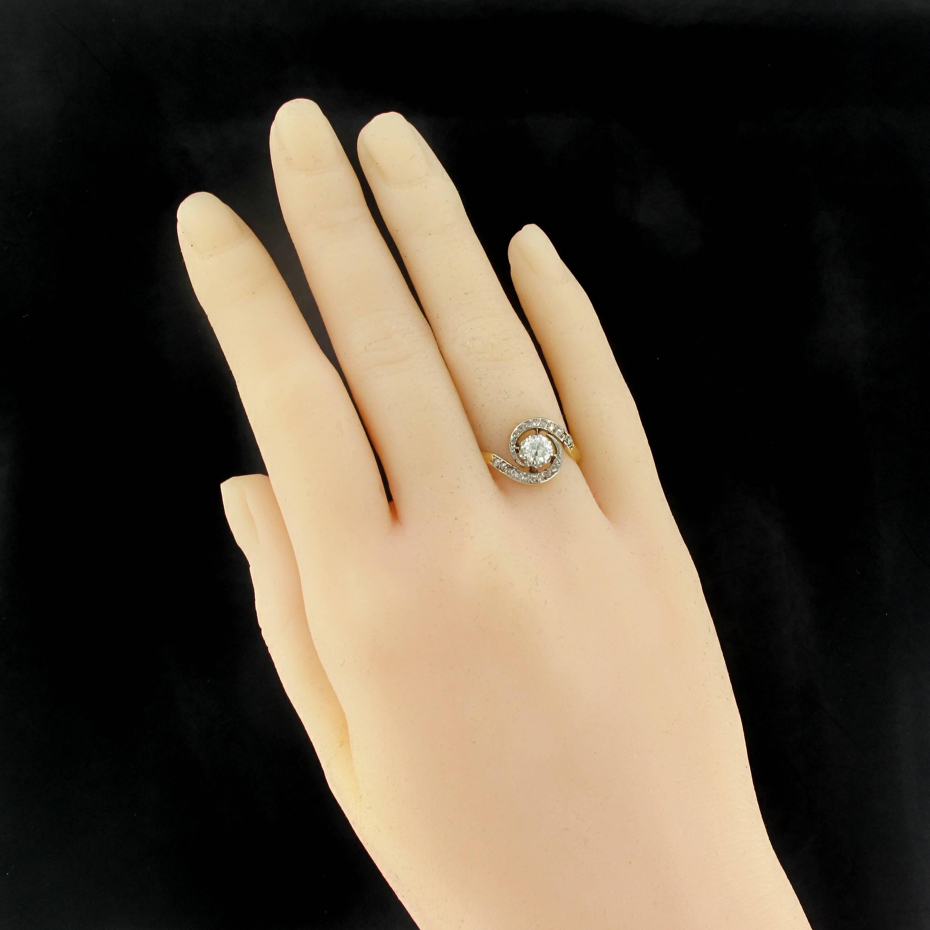 Art Nouveau 1920s French Antique Diamond Gold Platinum Whirl Ring 