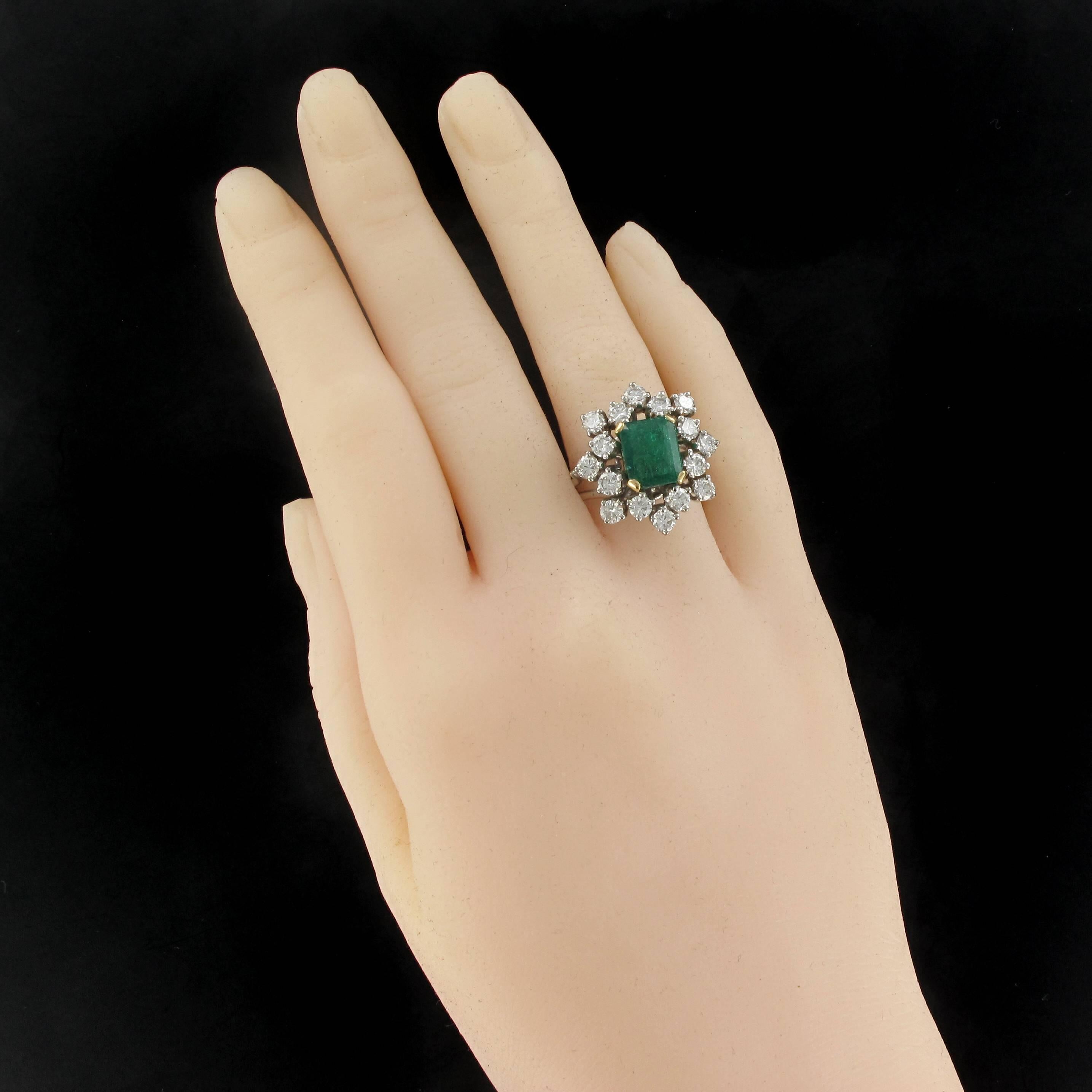 Emerald Cut 1960s French Emerald Diamond Gold Ring 