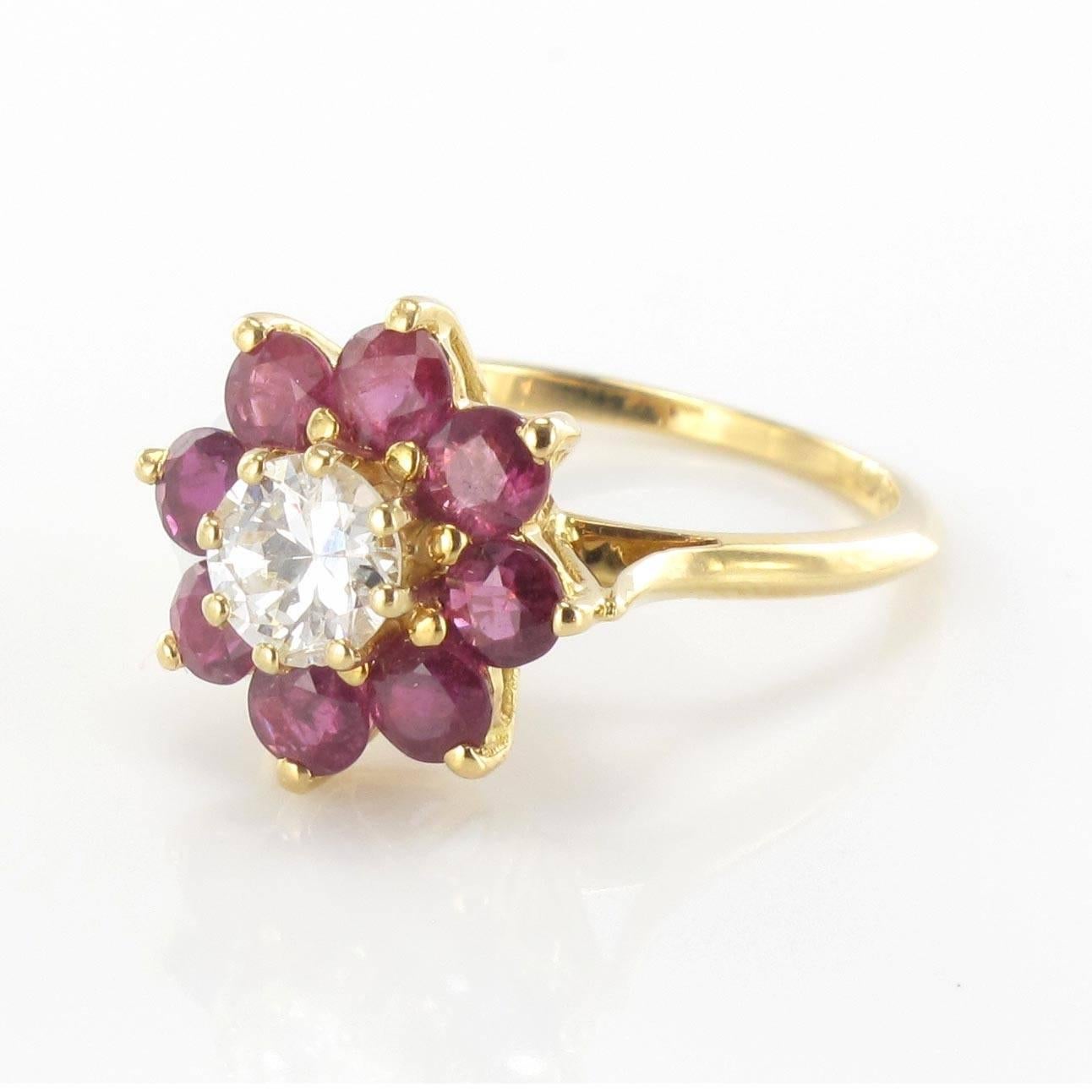 Retro 1970s French Ruby Diamond Gold Cluster Ring