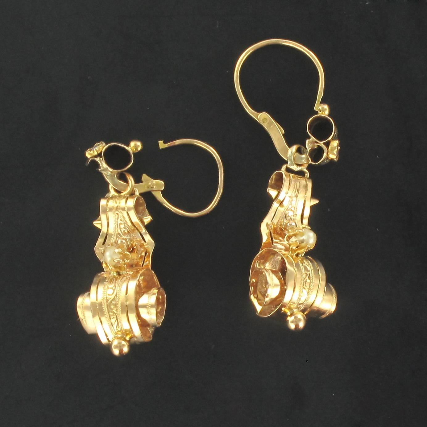 French Antique Fine Pearl Rose Gold Drop Earrings  1
