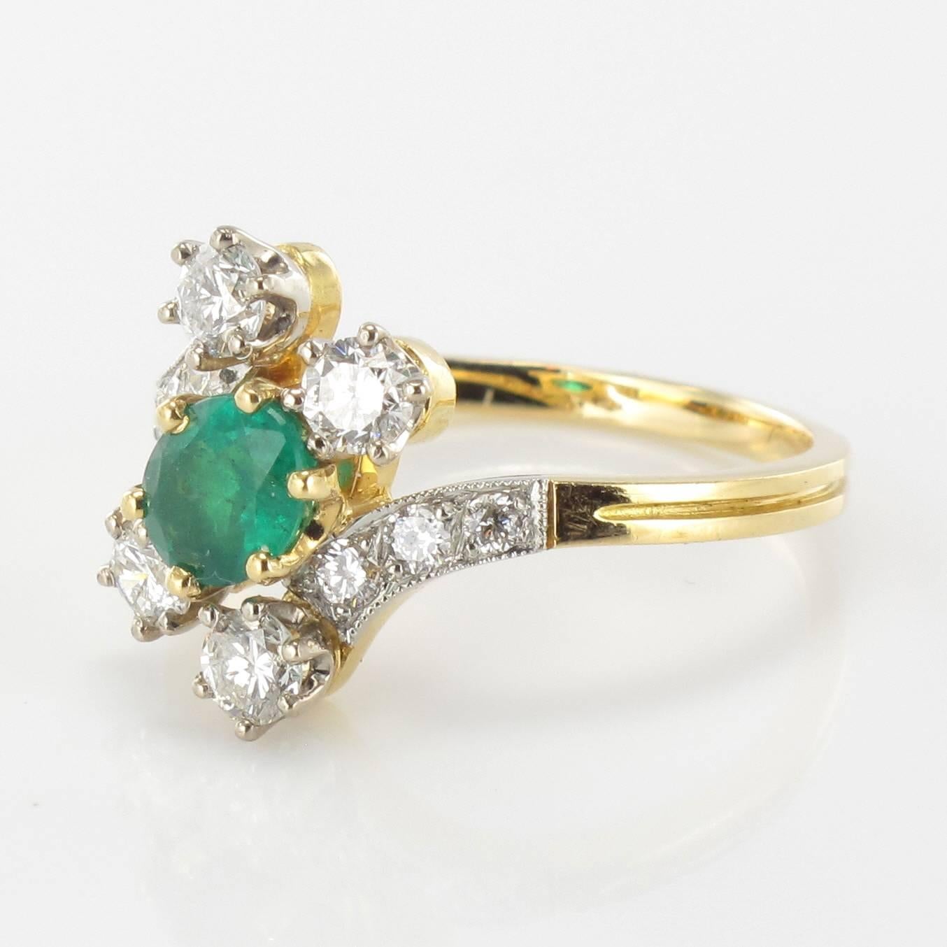 Contemporary Modern French Emerald Diamond Gold Platinum Ring