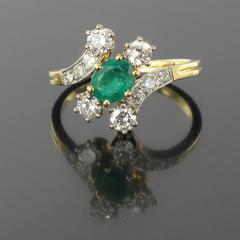 Modern French Emerald Diamond Gold Platinum Ring