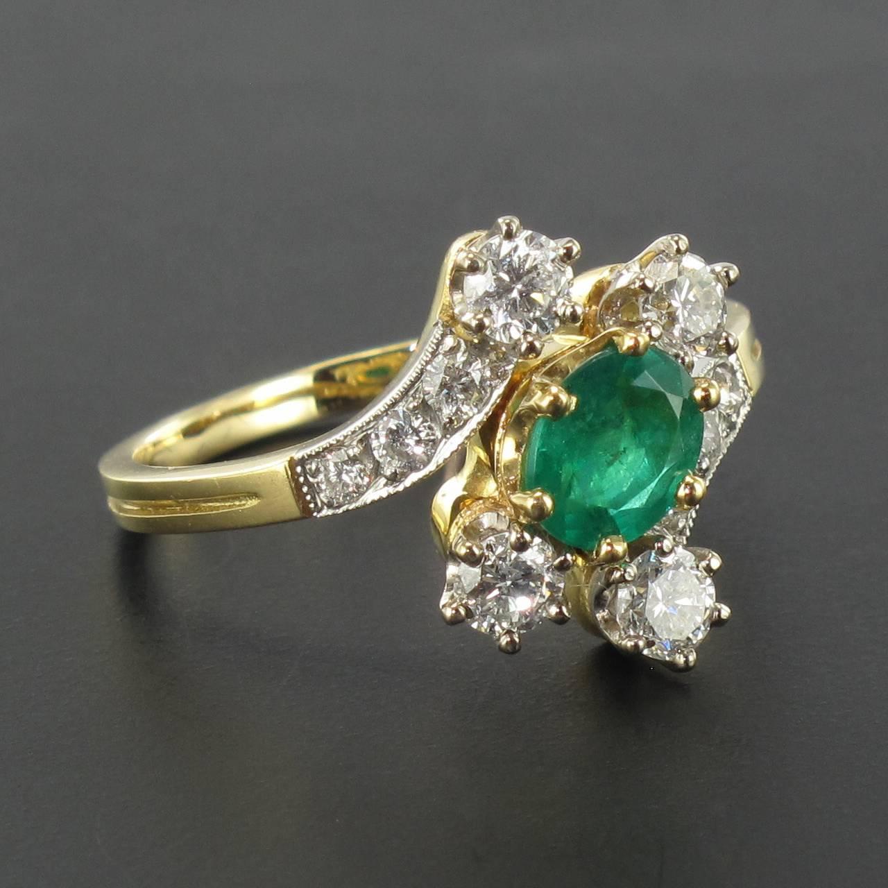 Women's Modern French Emerald Diamond Gold Platinum Ring