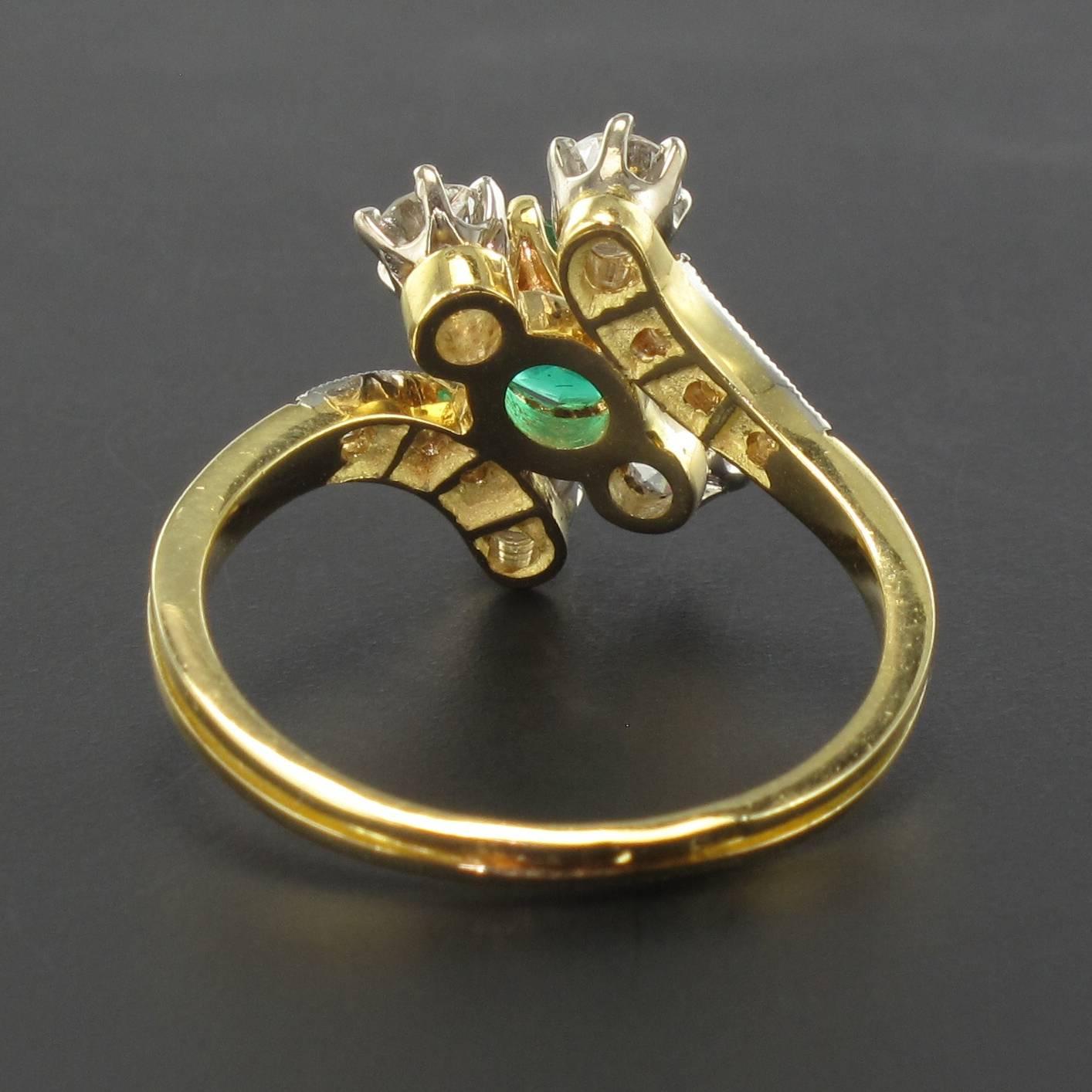 Modern French Emerald Diamond Gold Platinum Ring 1