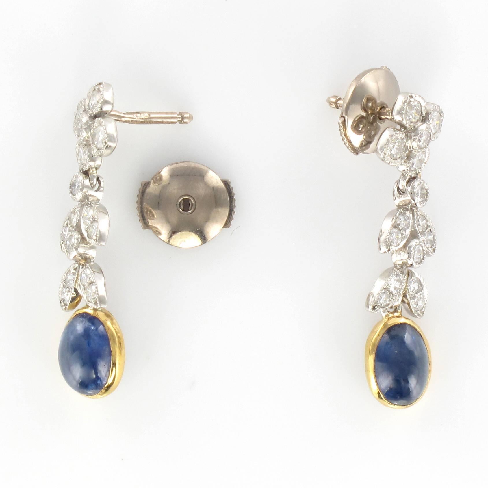 Women's Modern French Sapphire Cabochon Diamond Gold Earrings