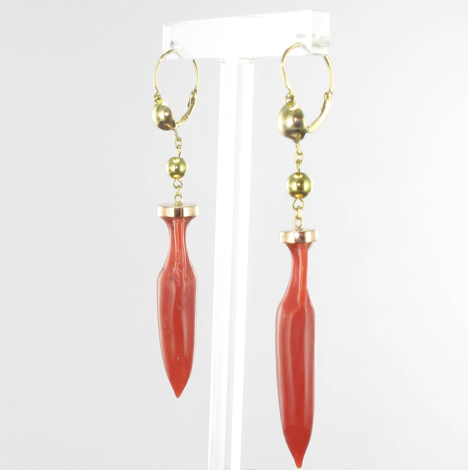 Empire Baume Torre del Greco Coral Gold Dangle Earrings 