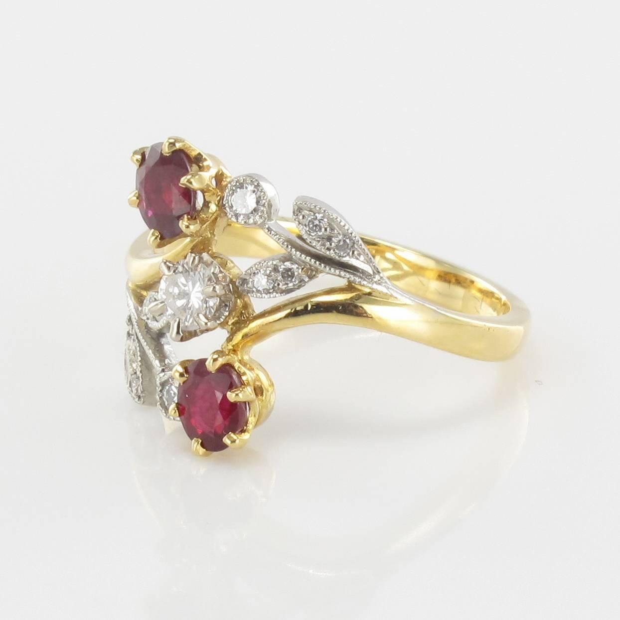 Art Nouveau French Floral Ruby Diamond Gold Platinum Ring
