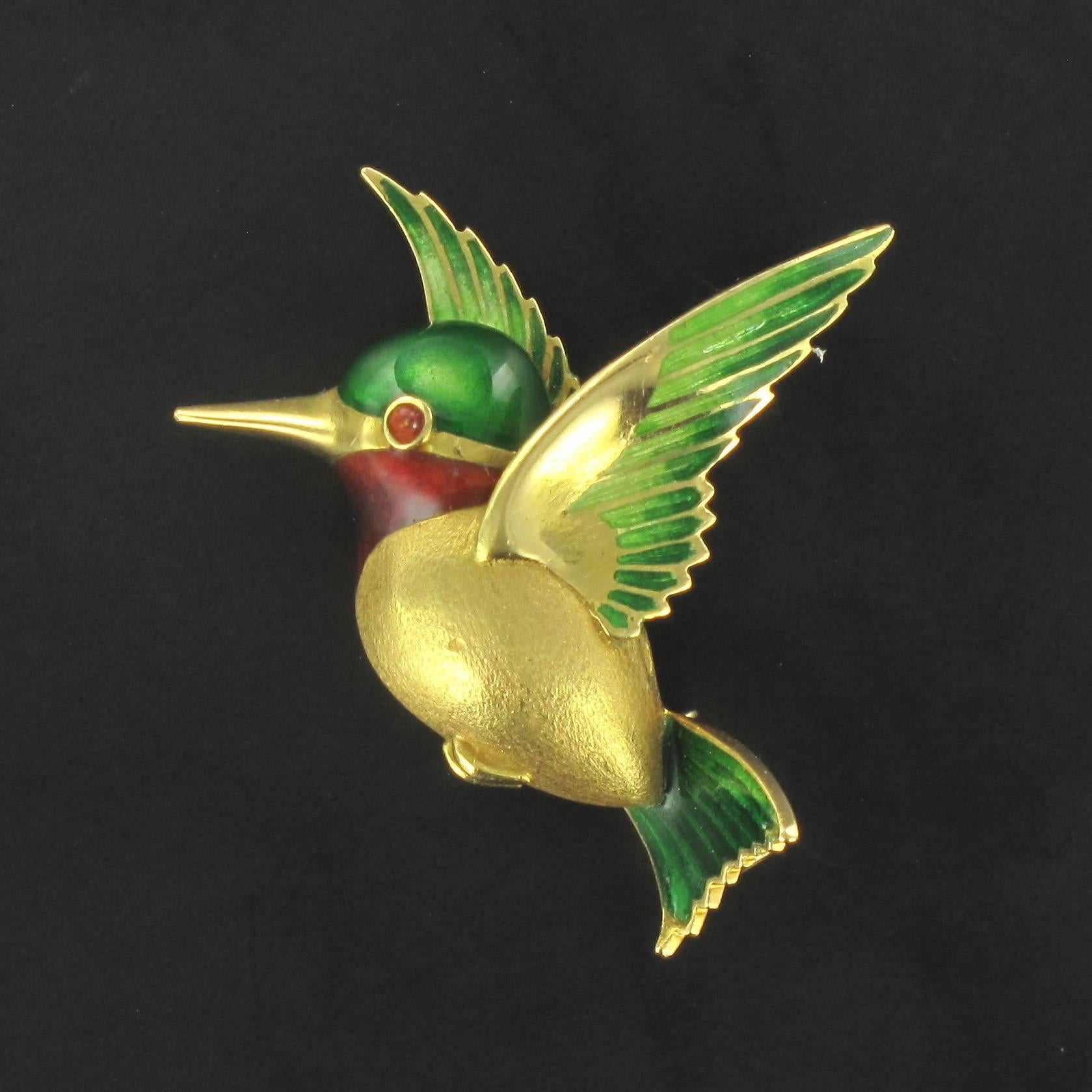 Women's 1960s French Enamel Gold Hummingbird Brooch
