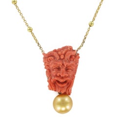 Coral Cameo South Sea Pearl Yellow Gold Necklace