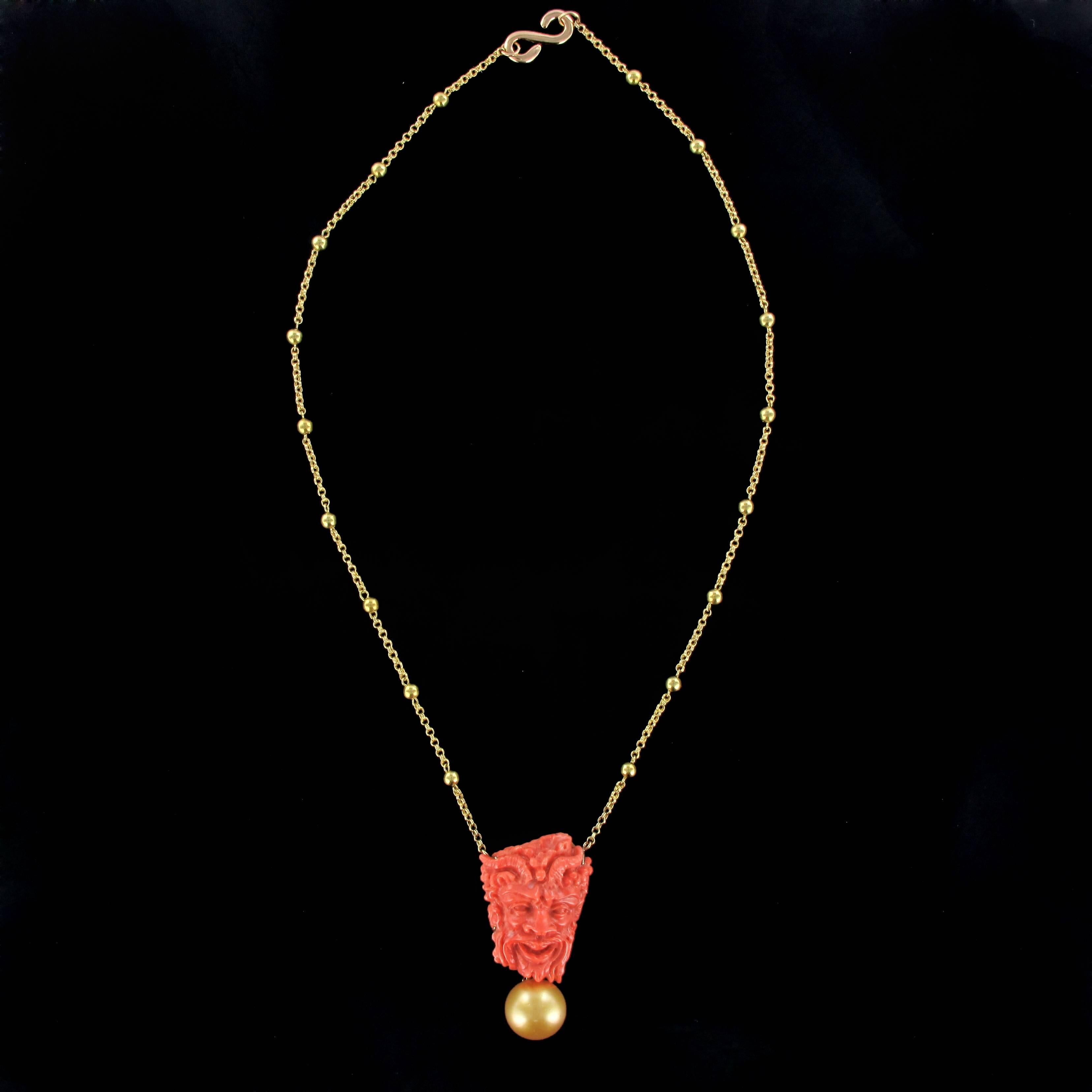 Coral Cameo South Sea Pearl Yellow Gold Necklace For Sale 1