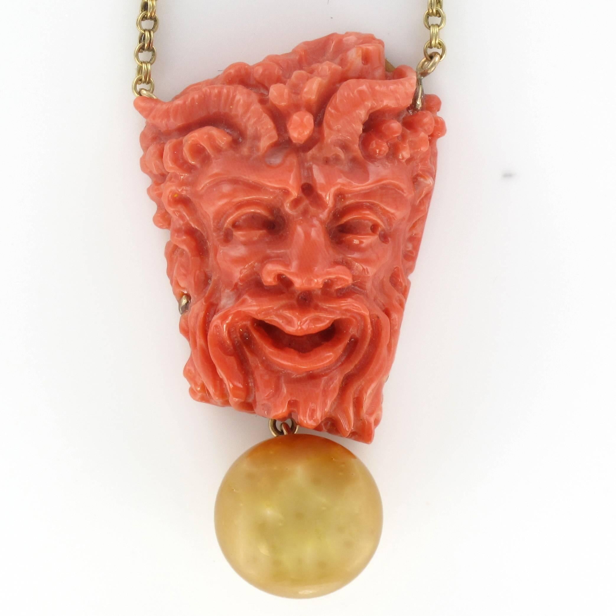 Empire Coral Cameo South Sea Pearl Yellow Gold Necklace For Sale
