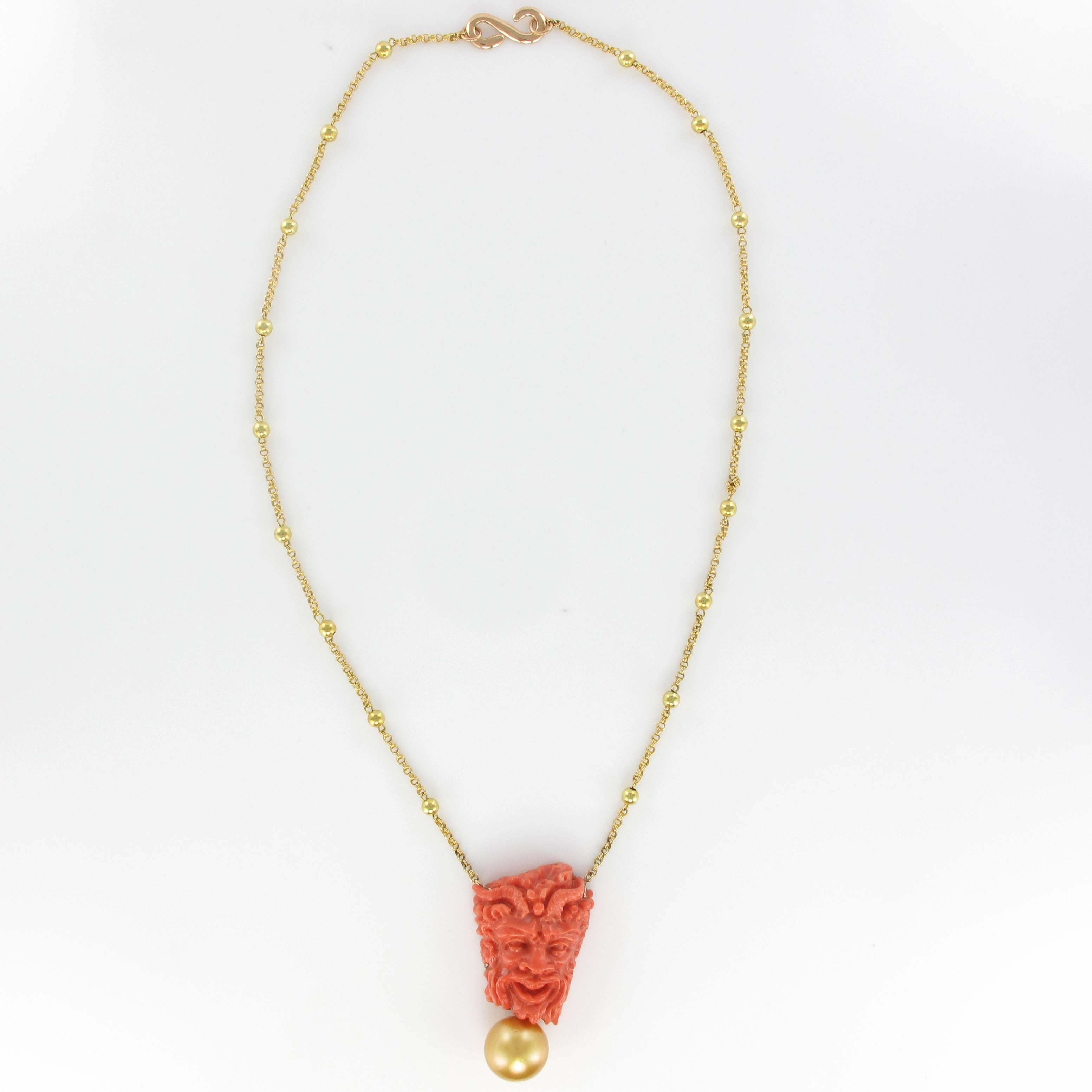 French Cut Coral Cameo South Sea Pearl Yellow Gold Necklace For Sale