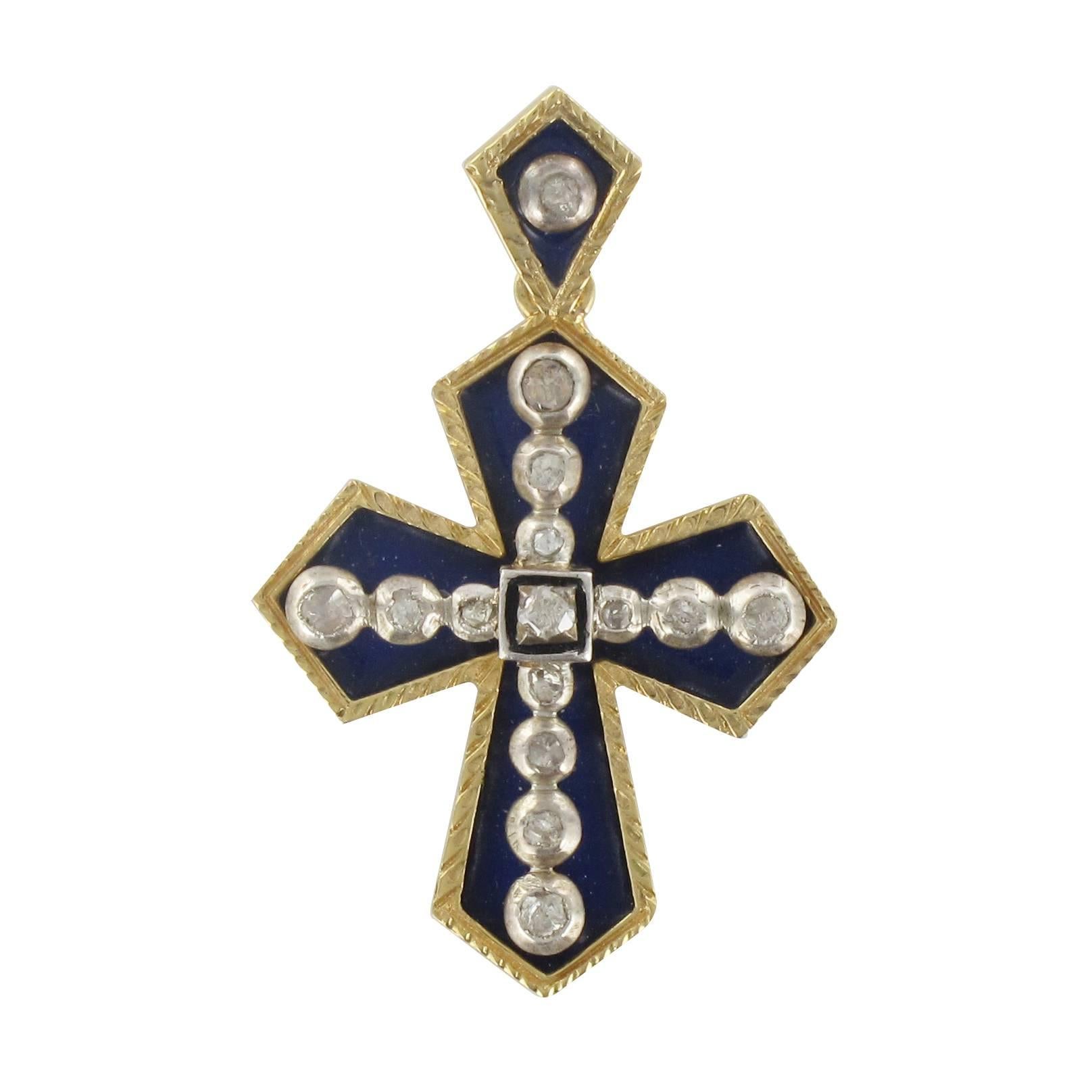 Blue Enamel and Diamond Cross Pendant
