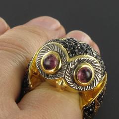New Black Spinel and Tourmaline Cabochon Owl Ring