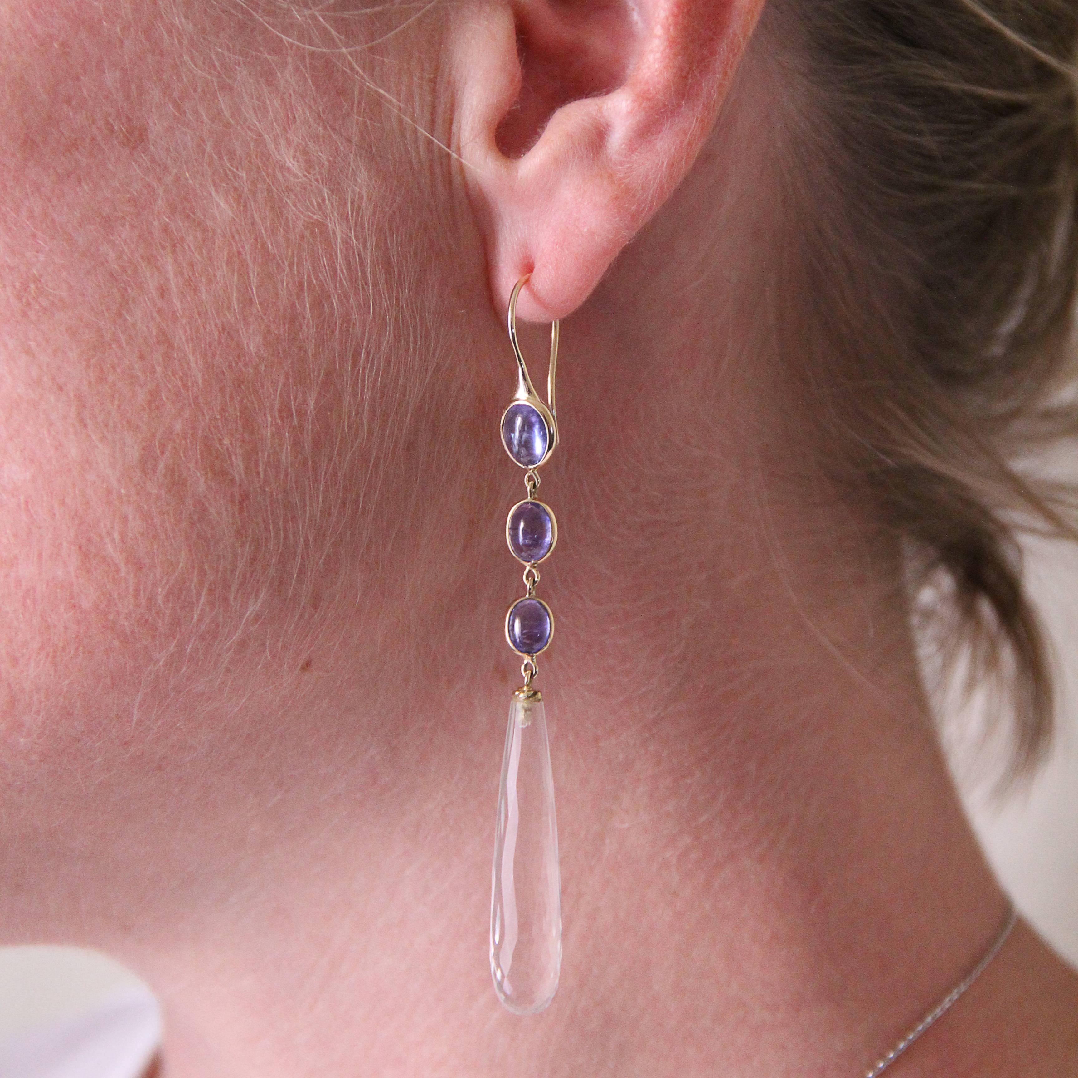 Modern New Tanzanite and Crystal Quartz Long Dangle Earrings 