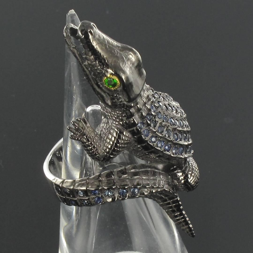 New Sapphire Blackened Silver Crocodile Ring  1