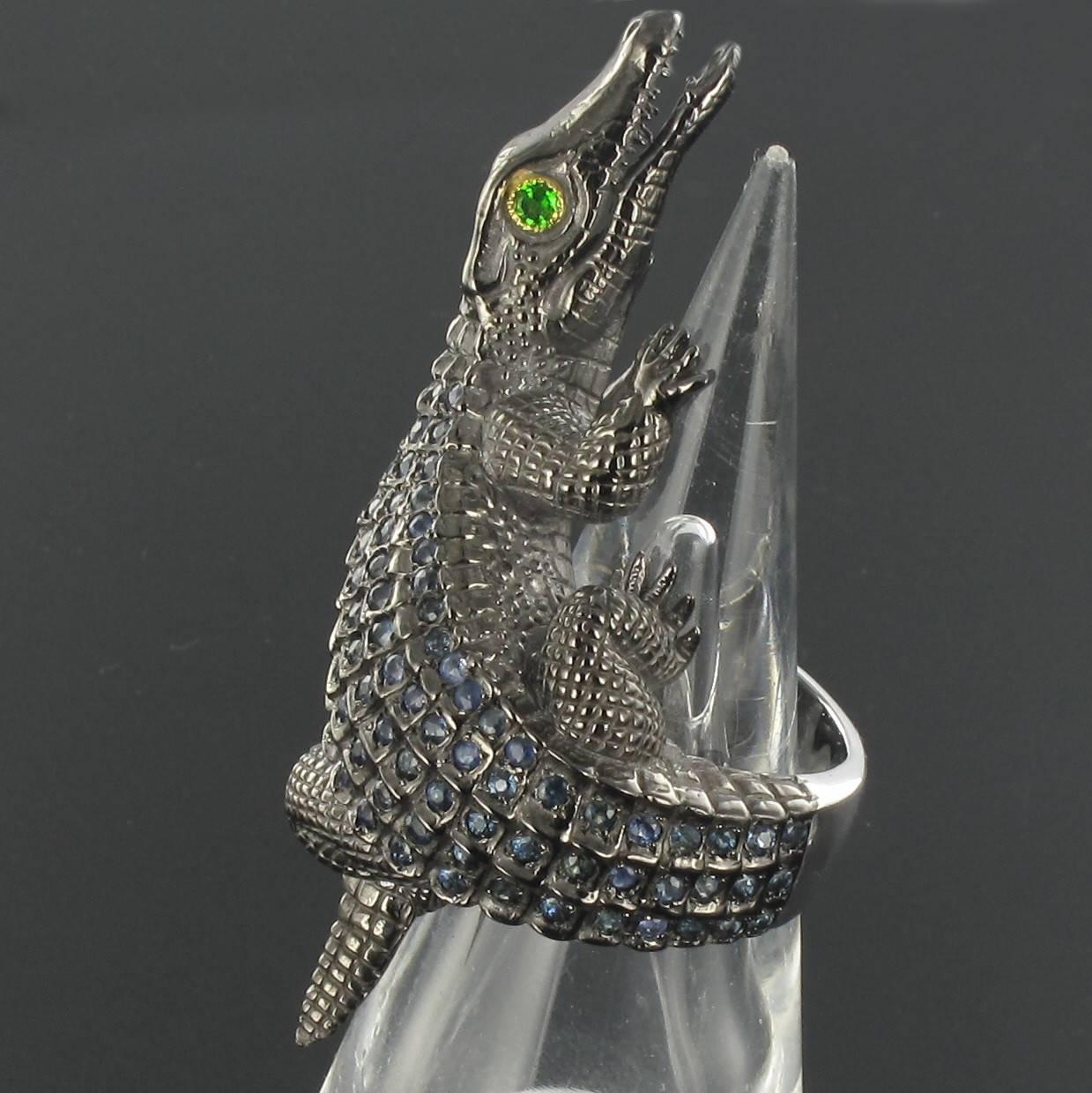 New Sapphire Blackened Silver Crocodile Ring  2