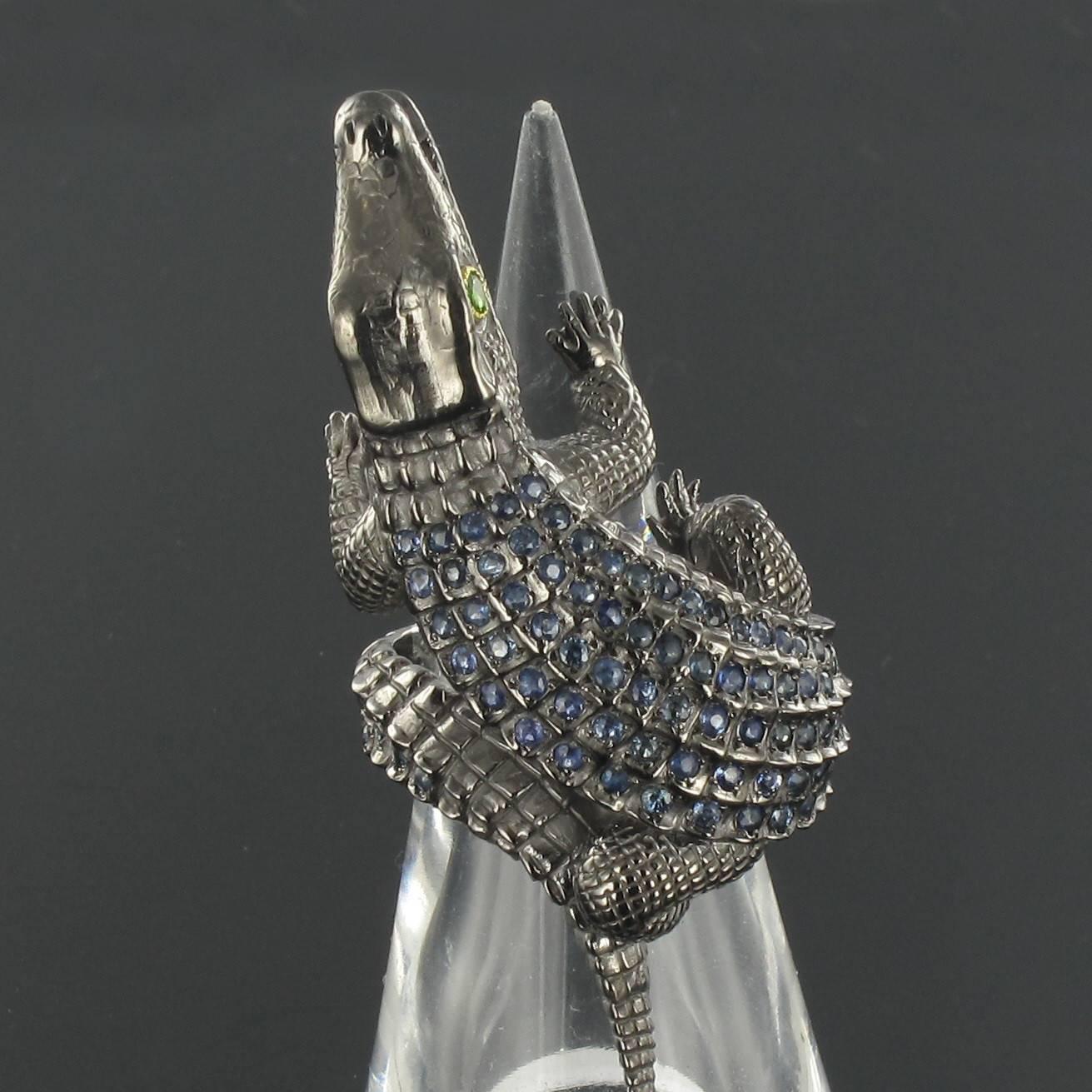 Modernist New Sapphire Blackened Silver Crocodile Ring 