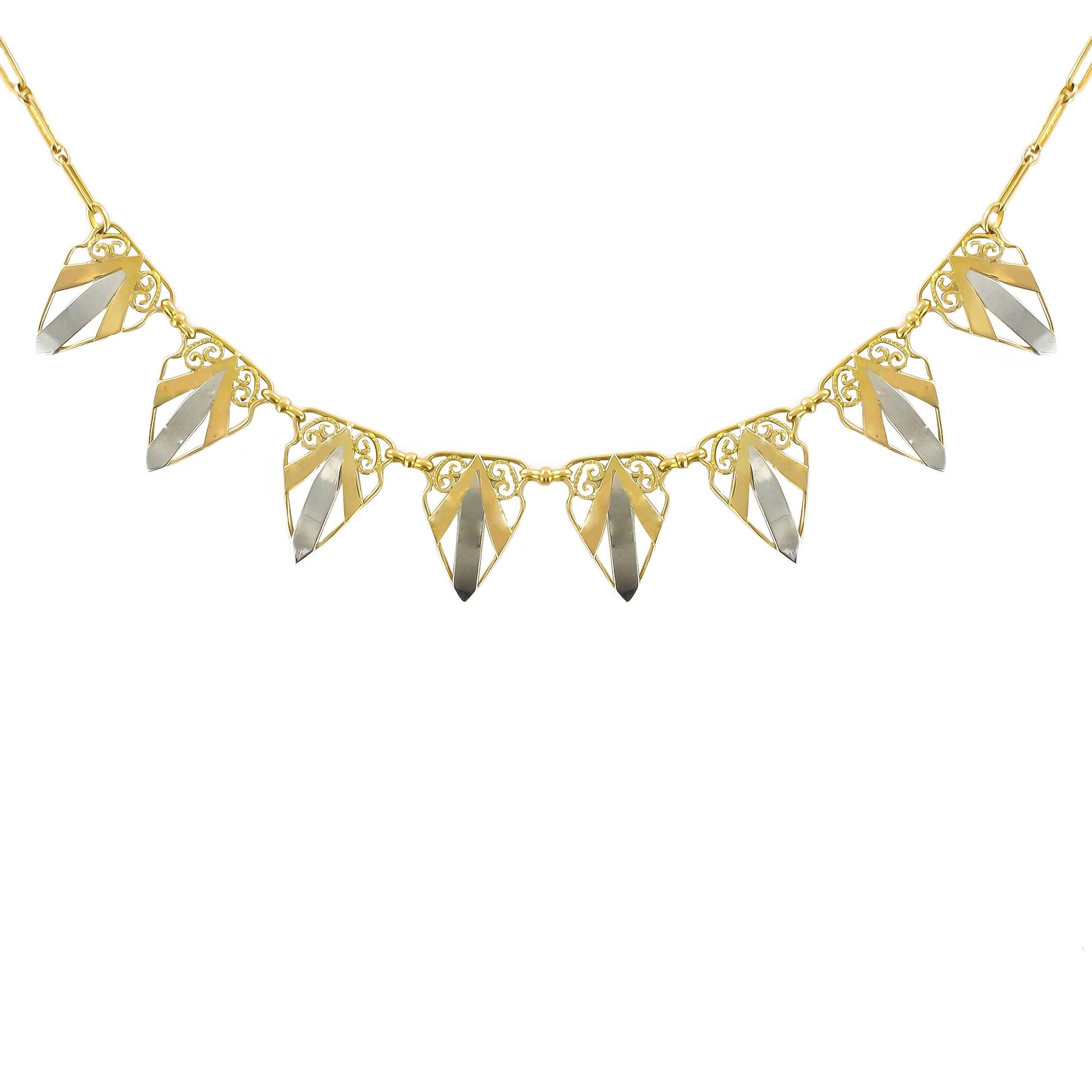 French Art deco Yellow Gold and White Gold Drapery Necklace 