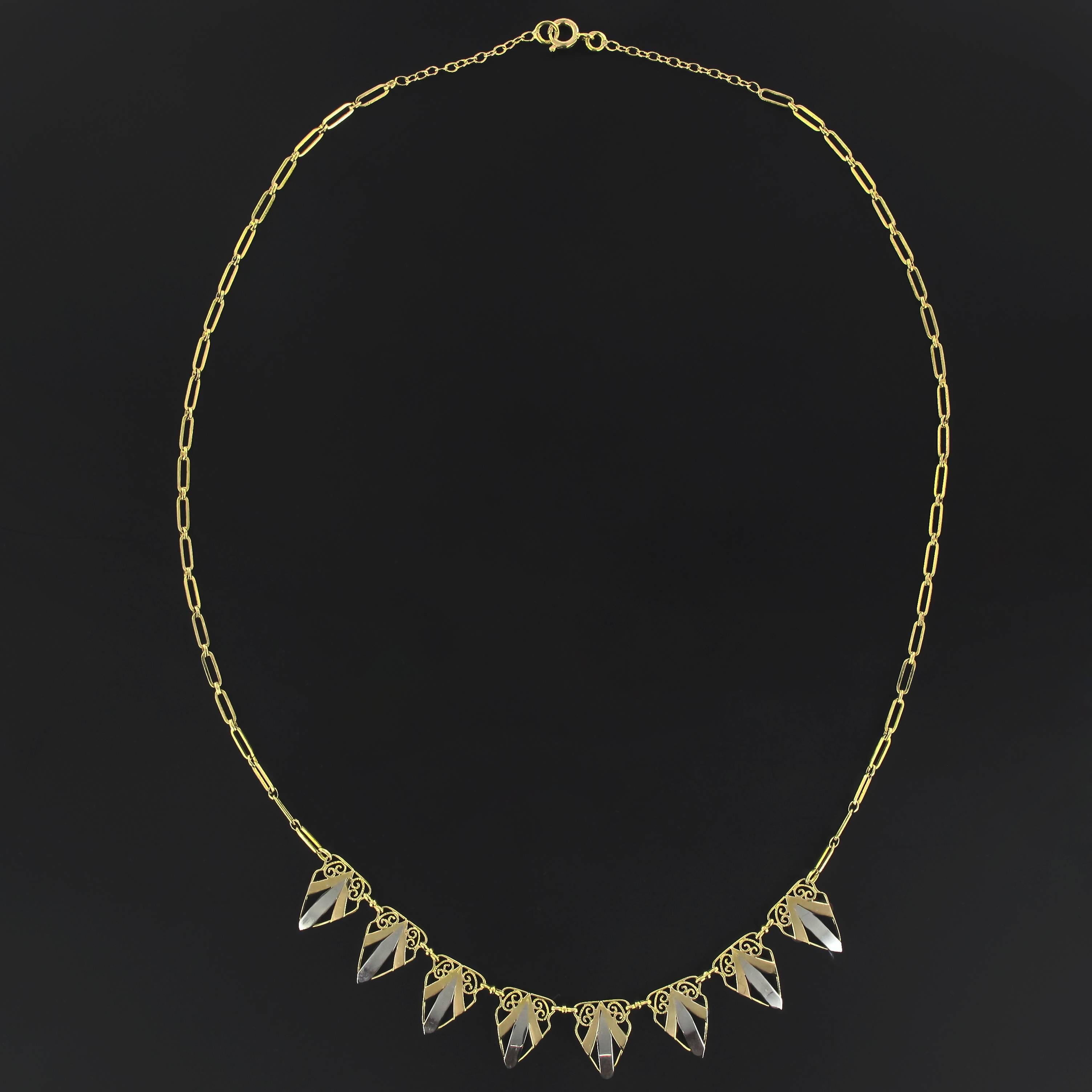 French Art deco Yellow Gold and White Gold Drapery Necklace  In Excellent Condition In Poitiers, FR