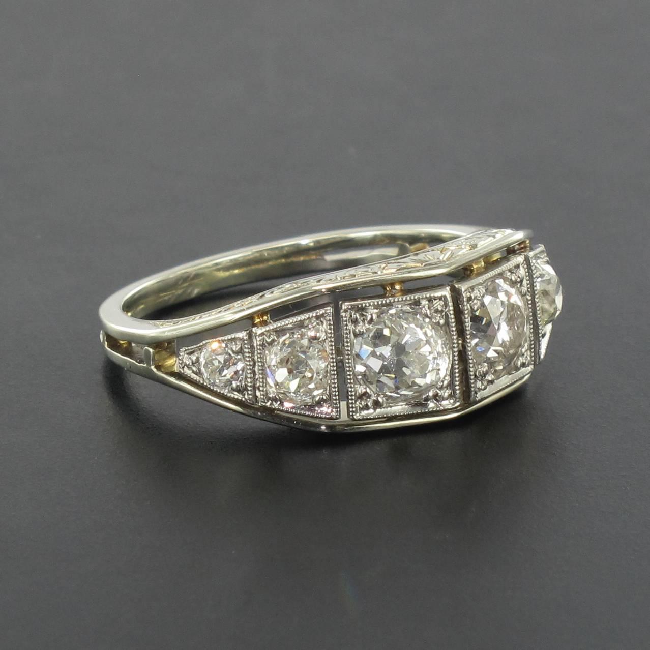 French Authentic Art deco White gold and Platinum Diamond Ring  1