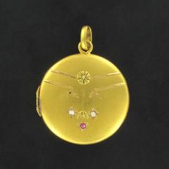 1900s Satin Gold Ruby and Fine pearl Medallion Locket Pendant