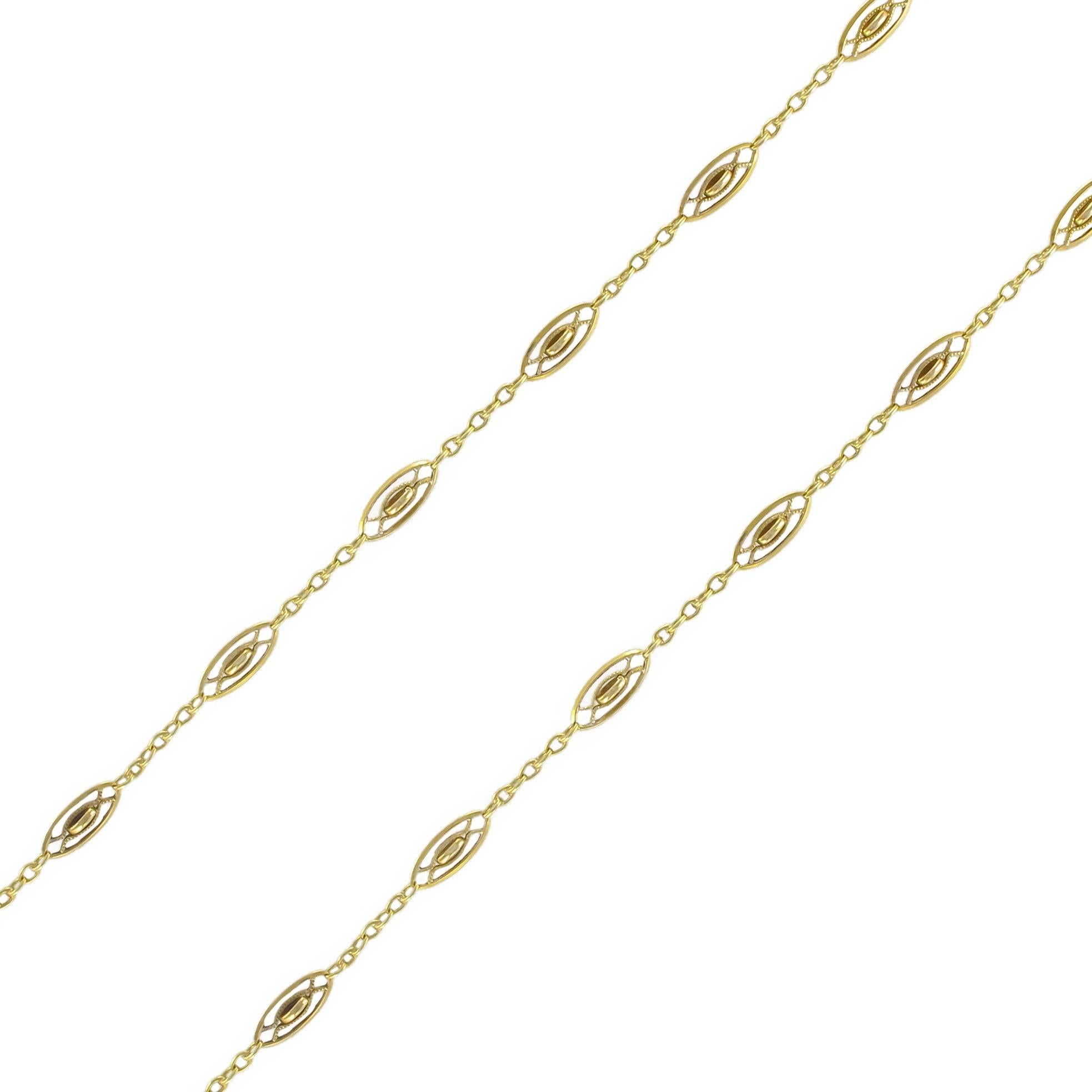 French 1920s Antique Gold Spindle Link Chain Necklace 