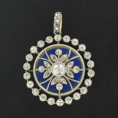 French Antique Diamond and Blue Enamel Medallion Locket Pendant