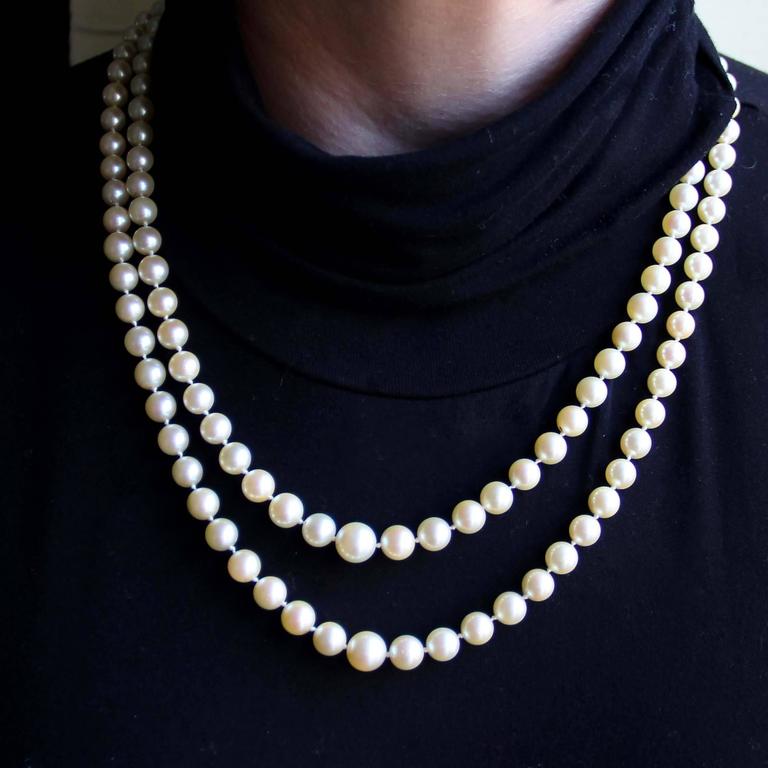Two Strand Japanese Cultured Round White Pearl Necklace at 1stdibs