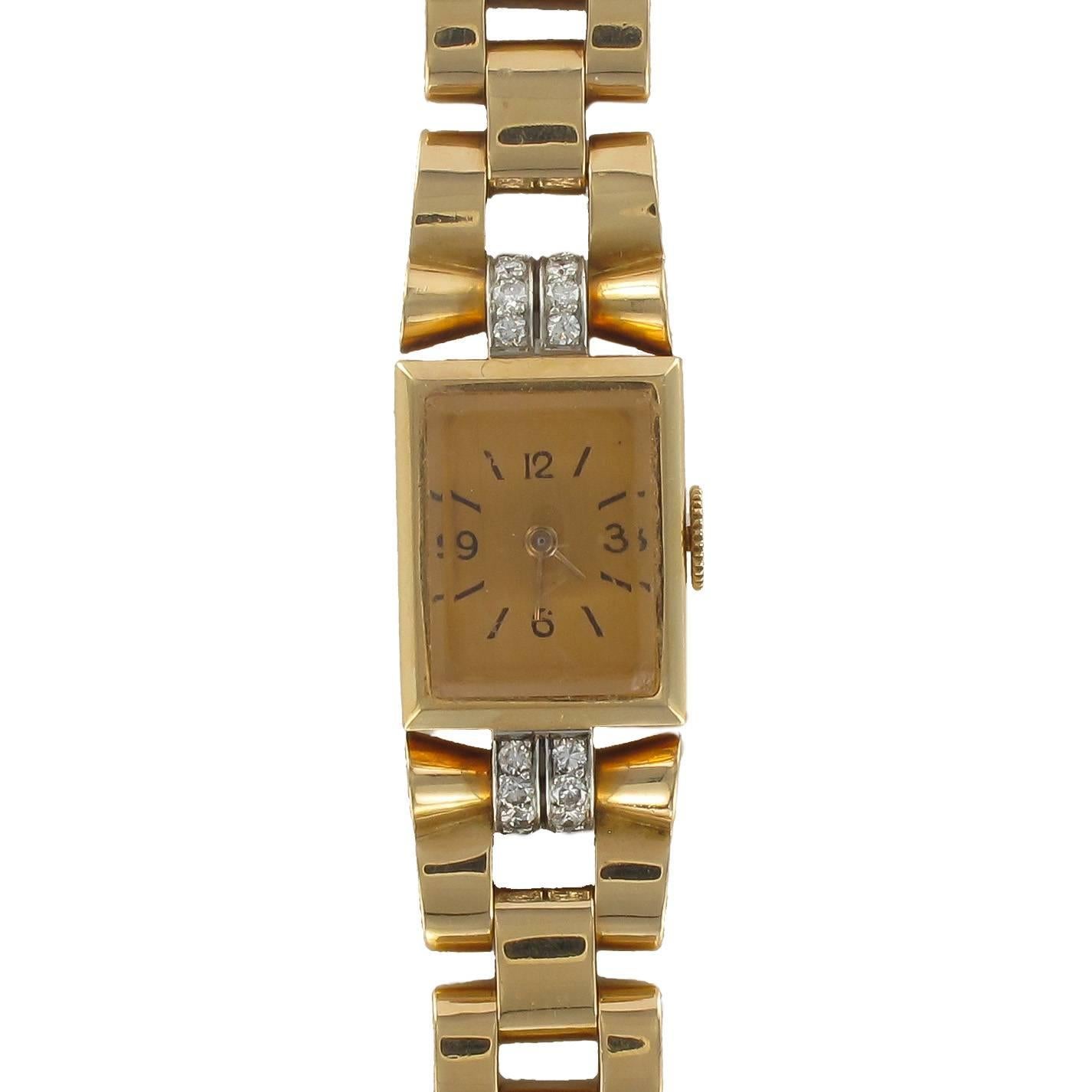 French Ladies Yellow Gold Diamond Retro Mechanical Wristwatch, 1940s For Sale