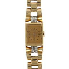 French Ladies Yellow Gold Diamond Retro Mechanical Wristwatch, 1940s 11