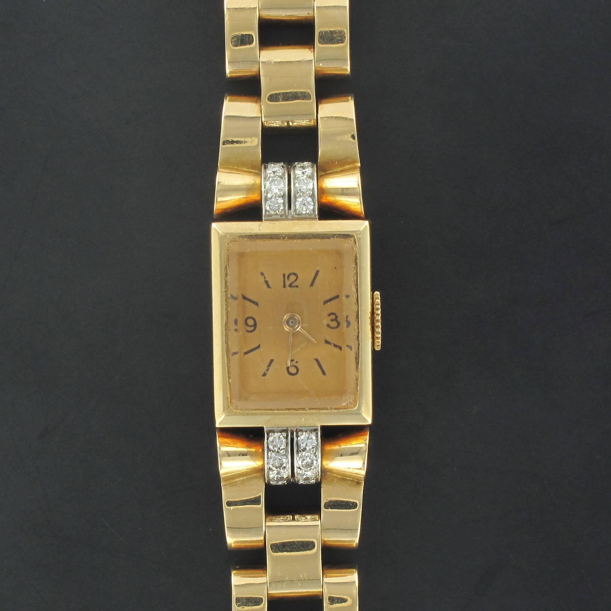 Women's French Ladies Yellow Gold Diamond Retro Mechanical Wristwatch, 1940s For Sale