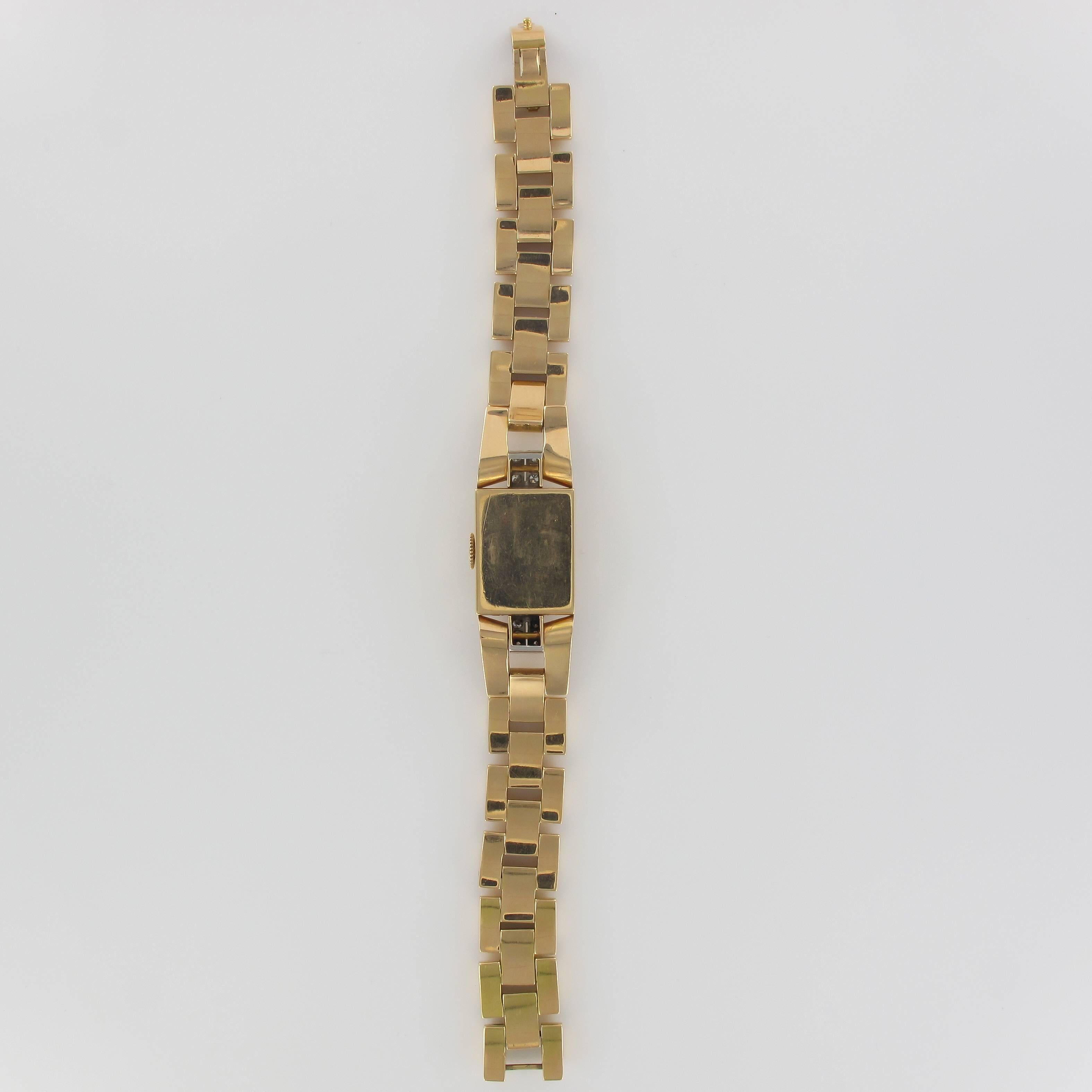 French Ladies Yellow Gold Diamond Retro Mechanical Wristwatch, 1940s For Sale 2