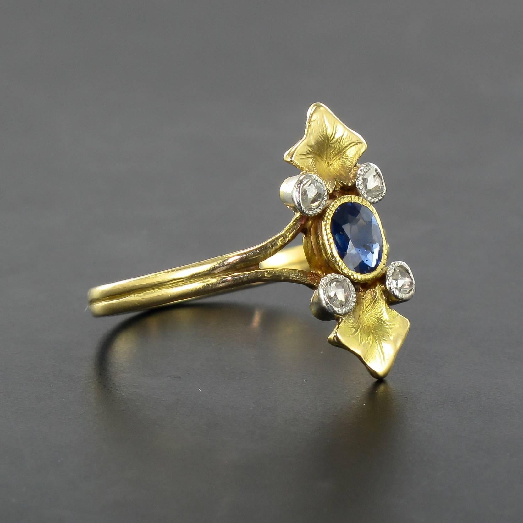 French Art Nouveau Sapphire and Diamond Ring  1