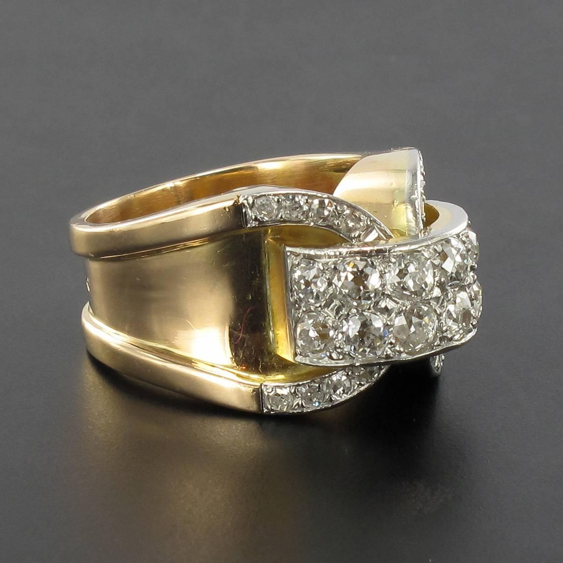 1940s French Diamond Rose Gold Tank Ring  1