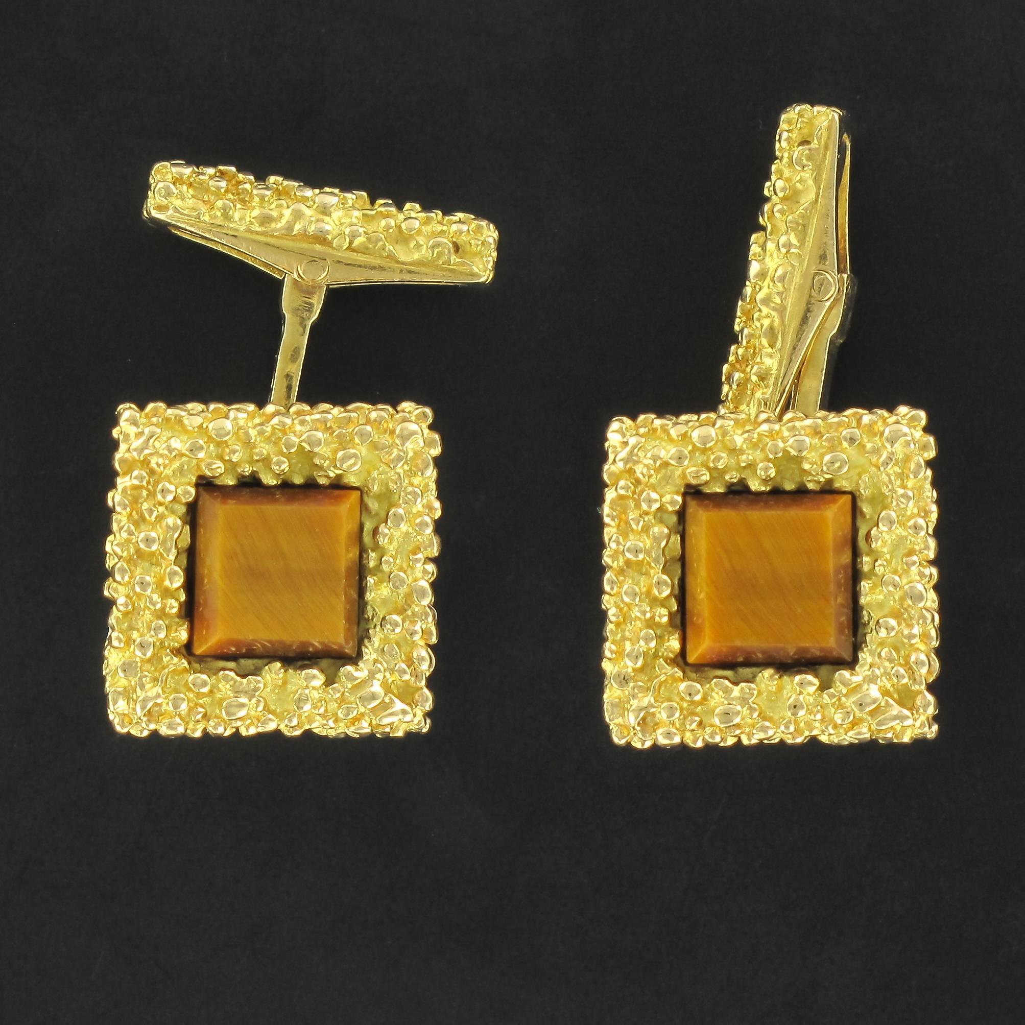 Retro French Unique Tiger's Eye  Gold Cufflinks 