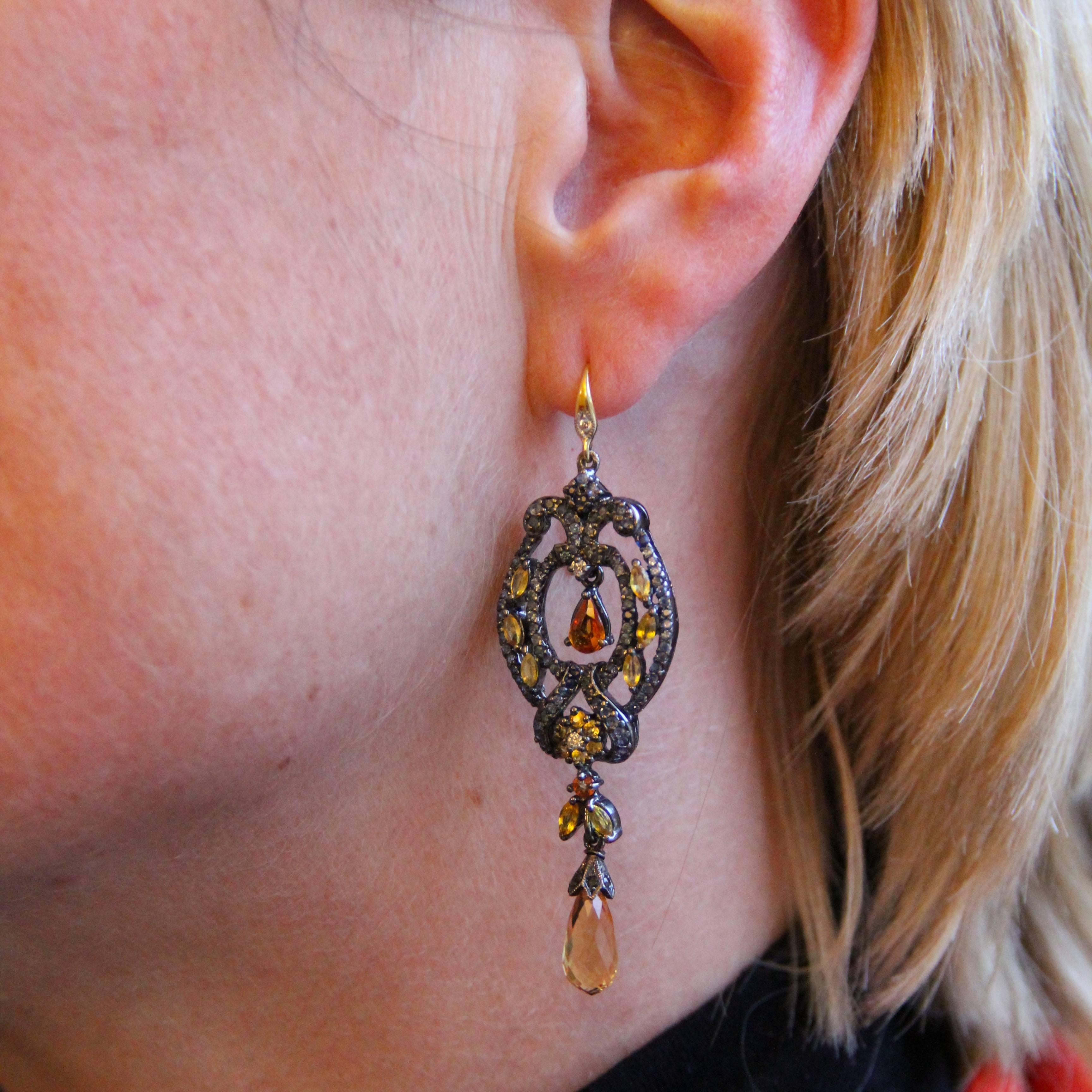 Baroque Modern Sapphire and Diamond Dangle Earrings 