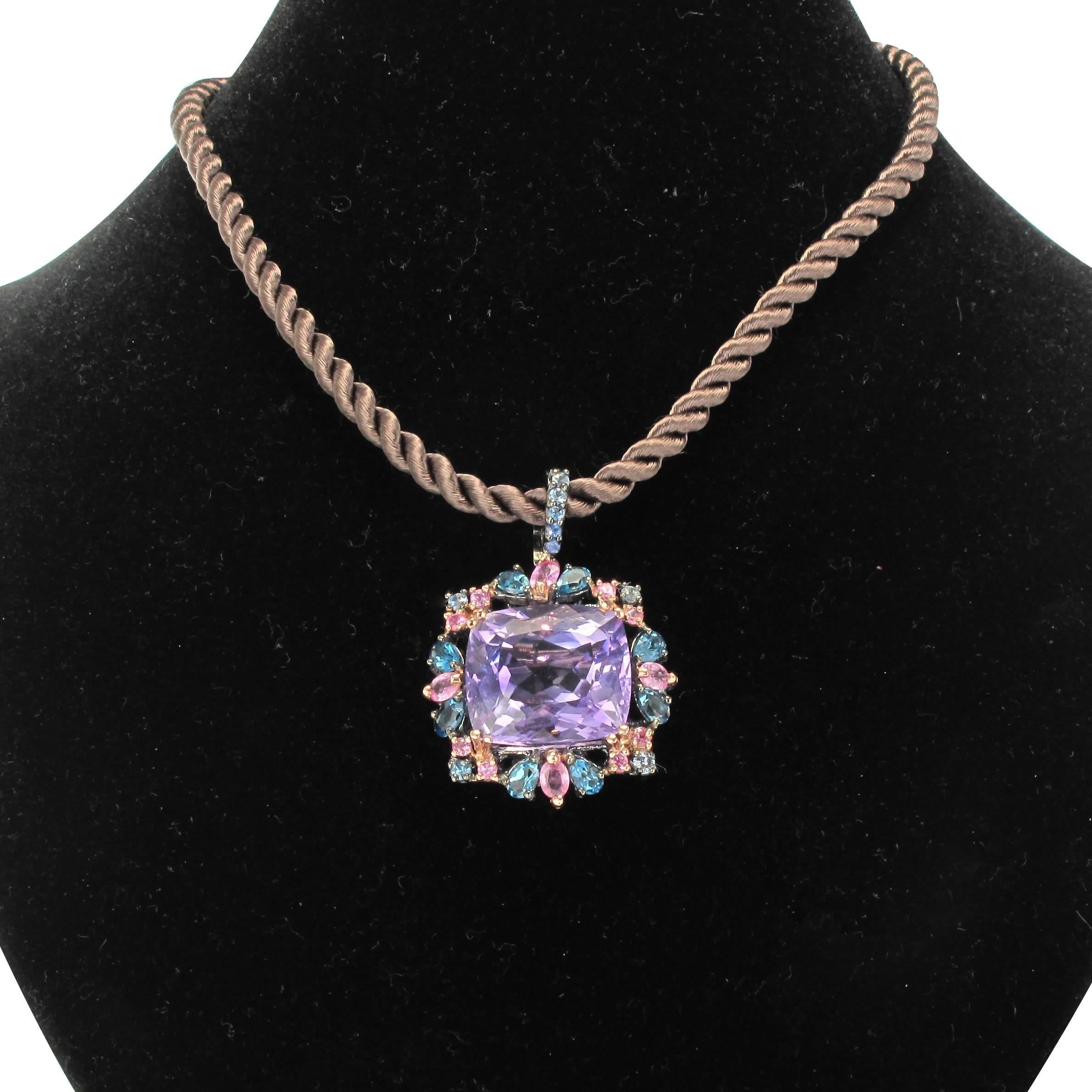 Modern Unique Amethyst Topaz and Sapphire Pendant Brooch 