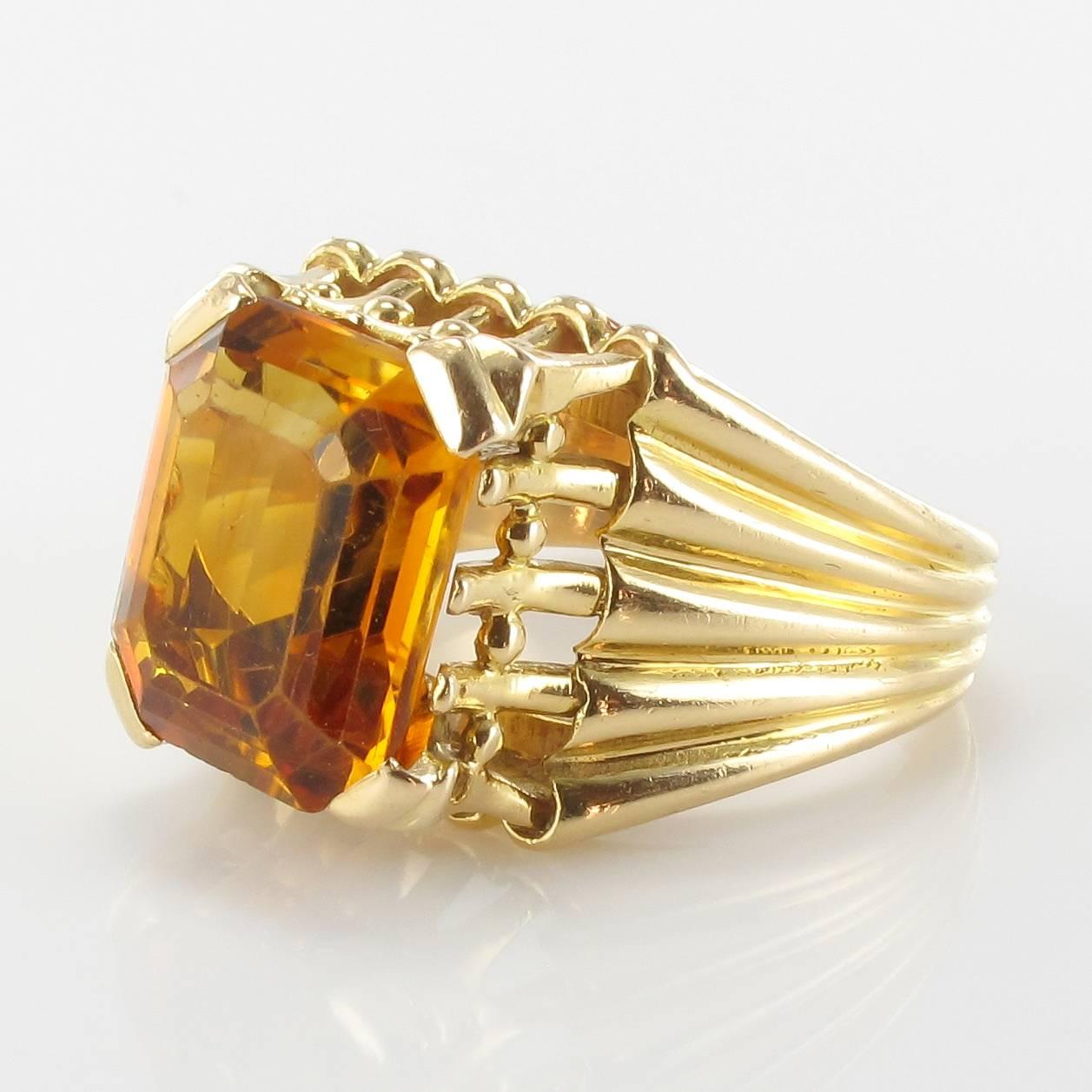 Emerald Cut French 1960s  Citrine Yellow Gold  Ring