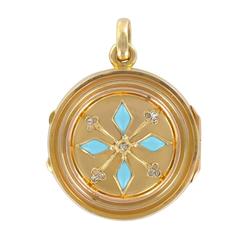 19th Century Turquoise and Rose Cut Diamond Round Locket Pendant 5